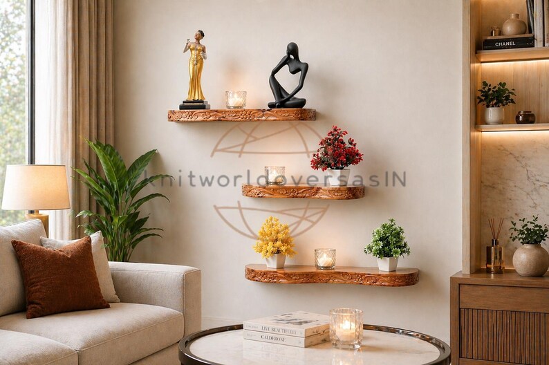 Aesthetic farmhouse wall floating ledge for boho living room organization