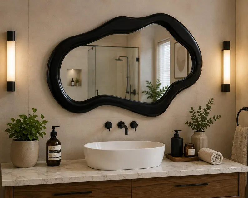 Artisan crafted organic shaped wall mirror for living room display