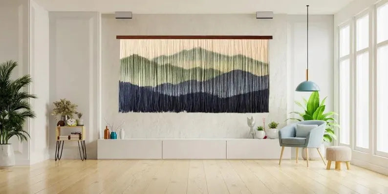 Boho farmhouse wall decor featuring dip dye macrame tapestry
