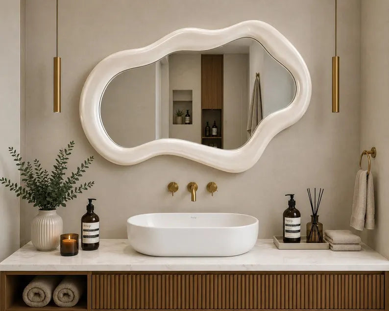 Custom solid teak wood wavy mirror for entryway and bedroom