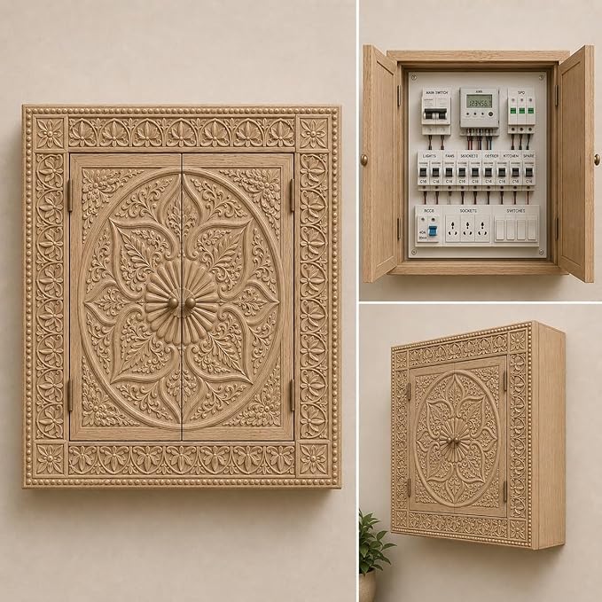 Decorative Wooden Electrical Panel Cover, Vintage Style, Ornate Carved Floral Design, Double Door, Natural Wood (W 24 X L 30 X 5 Inches)