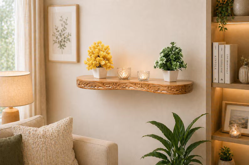 Handcrafted solid teak floating shelf for kitchen spices and plant decor