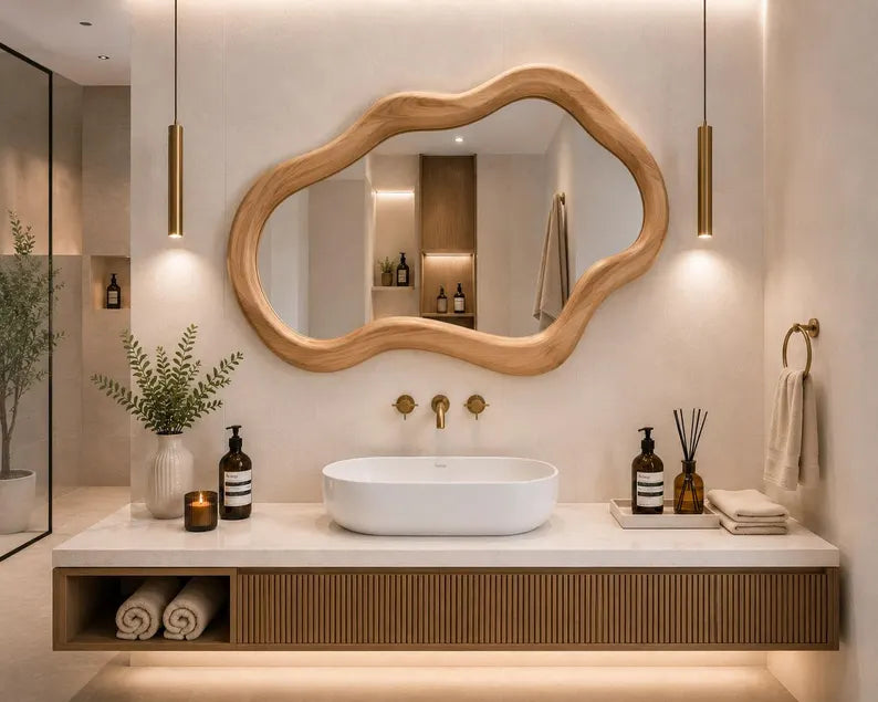 Handmade asymmetrical wavy wall mirror with solid teak wood frame