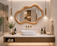 Handmade asymmetrical wavy wall mirror with solid teak wood frame