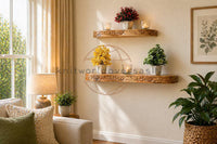 Heavy-duty natural teak floating shelf with unique wood grain finish