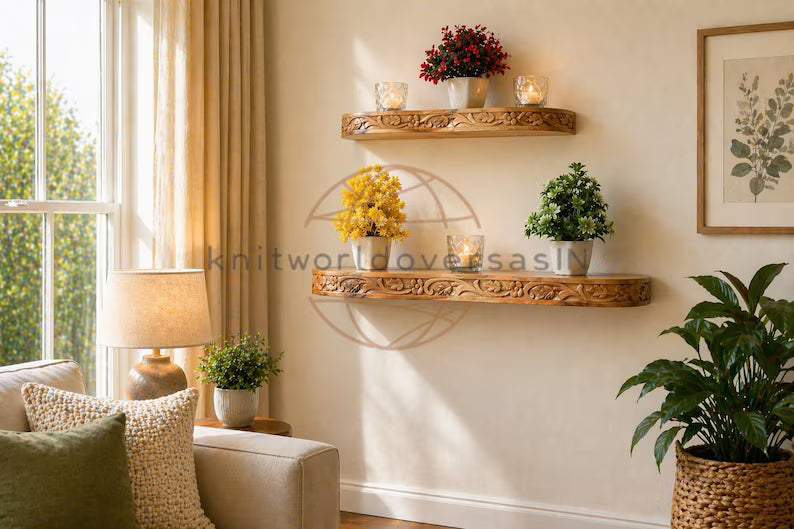 Heavy-duty natural teak floating shelf with unique wood grain finish