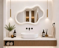 Large decorative wavy wall mirror with polished teak finish