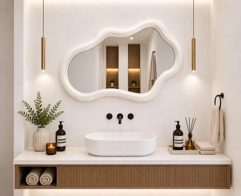 Large decorative wavy wall mirror with polished teak finish