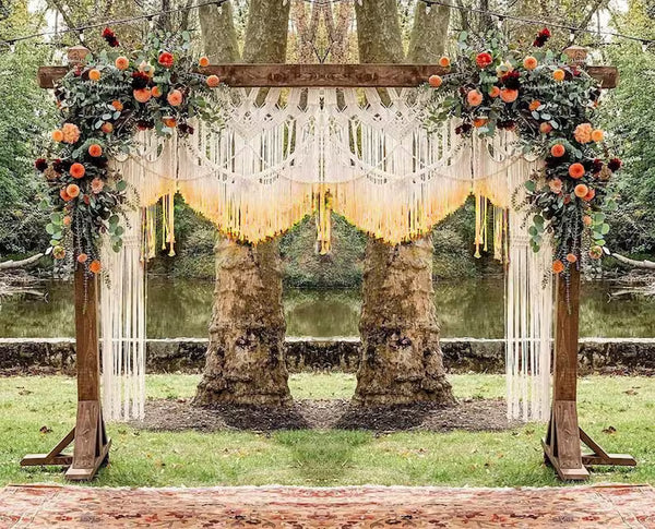 Handmade dip dye macrame backdrop for boho wedding ceremony decor