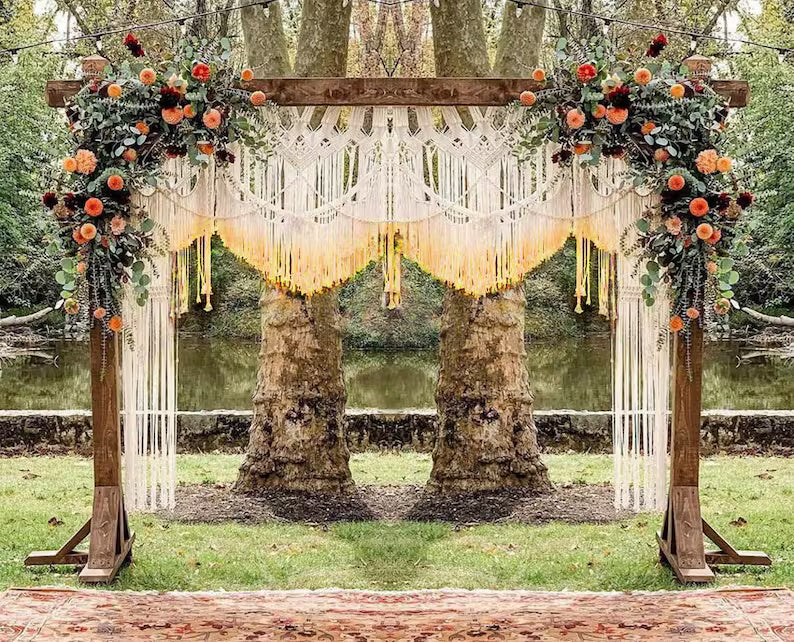 Handmade dip dye macrame backdrop for boho wedding ceremony decor
