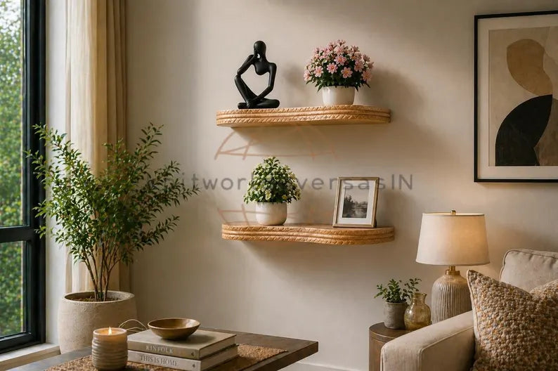 Modern art wooden shelf for displaying indoor plants and candles