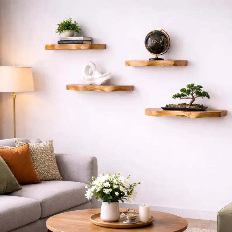 Live Edge Teak Floating Shelf, Bathroom Wall Shelf, Kitchen Shelf, Plant Wall Decor, Rustic Farmhouse Wood Shelf