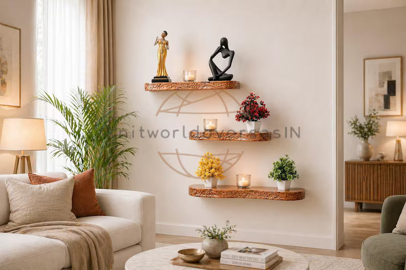 Premium teak wood wall shelf with live edge design for rustic home decor